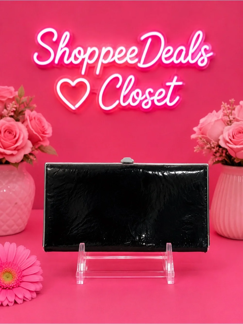 Black Faux Leather Framed Clutch Wallet Silver Hardware Card Organizer